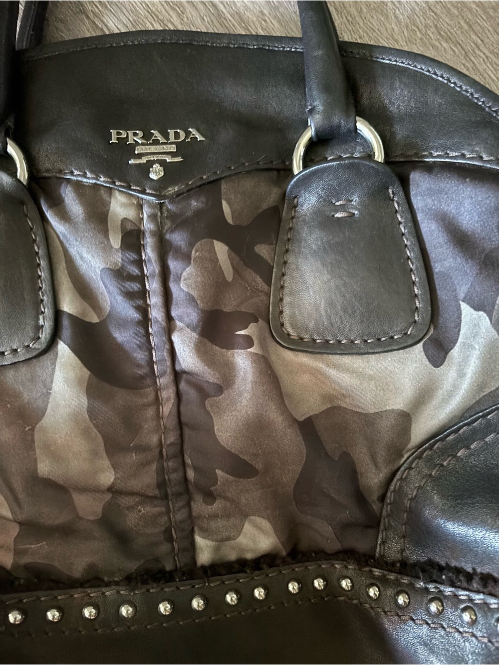 Prada Black & Gray Camouflage Satchel with Studded Trim - Picture 3 of 10